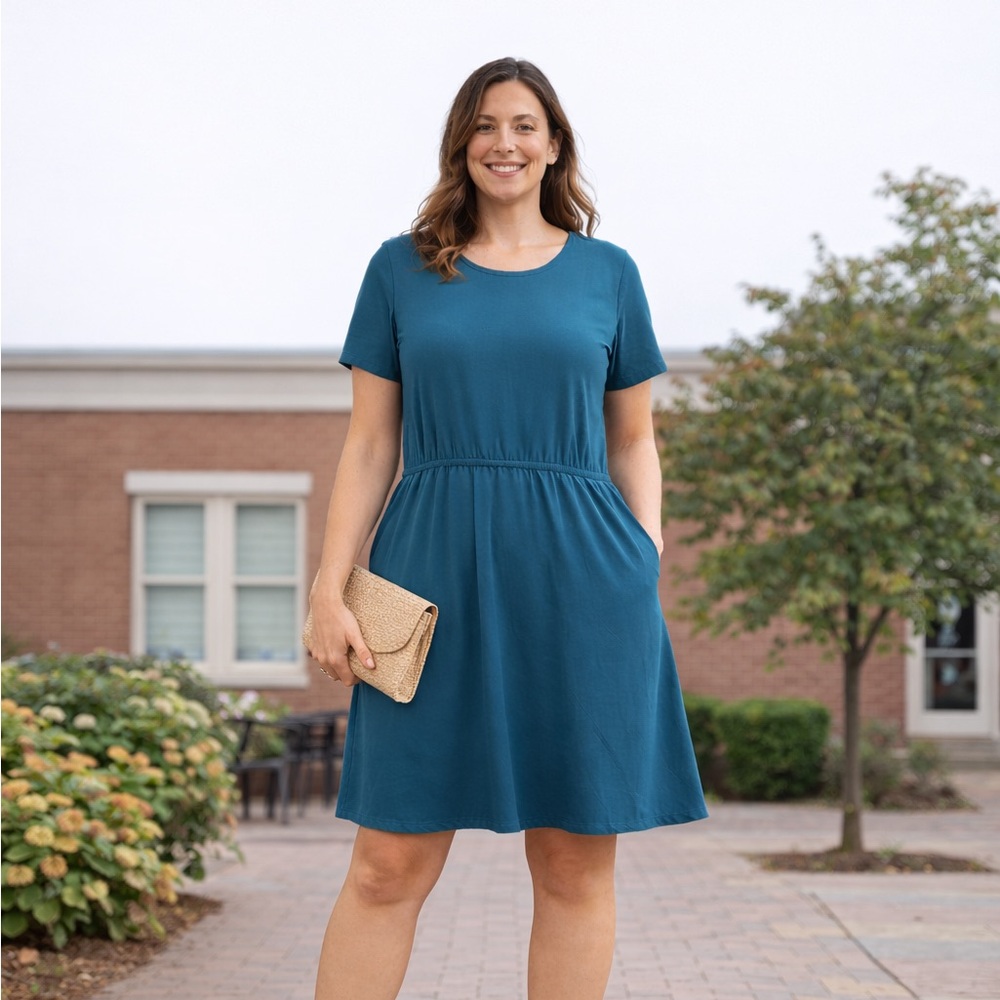 Duluth Trading Co Teal Dress Large | Stretch Casual Everyday A-Line Pocket Dress